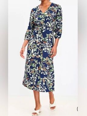 LOFT Navy Botanical Wrap Midi Dress with Tie Waist